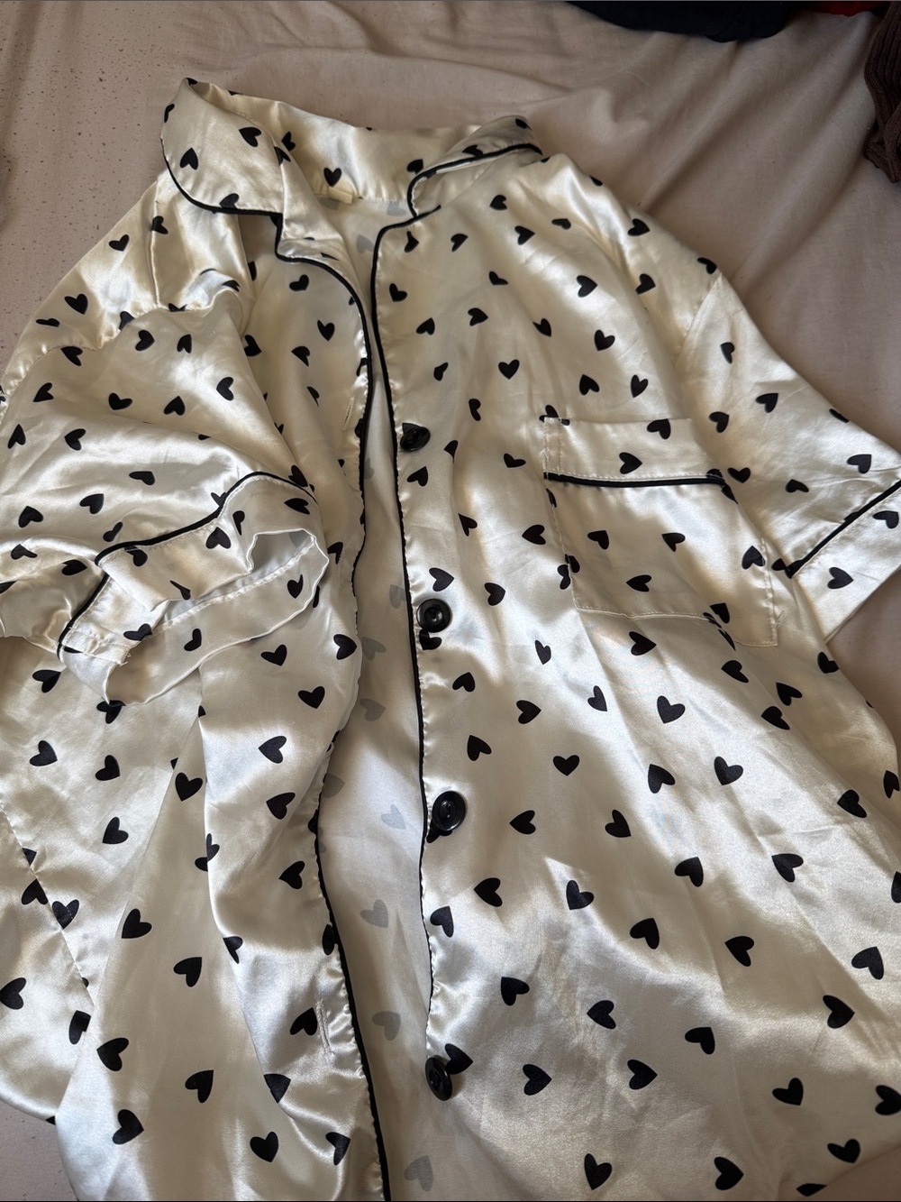 Ivory Satin Heart Print Button-Up set